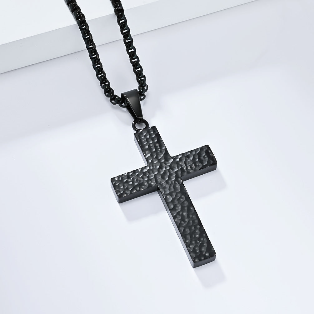 New Irregular Hand-Beaten Titanium Steel Cross Necklace