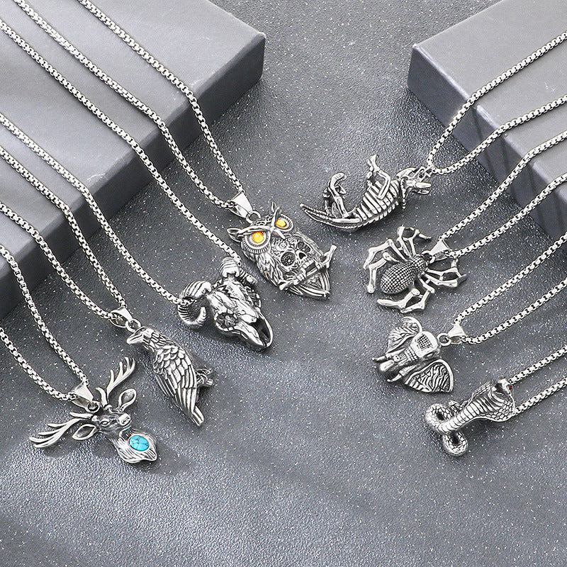 Animal Elk Cobra Dinosaur, Halloween Spider Horns Skull Titanium Steel Men's Pendant Necklace