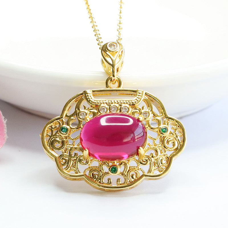 Lab-Grown Ruby Ruyi Lock Pendant — No Chain