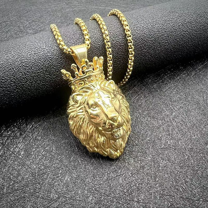 Titanium Steel Lion Head Pendant Necklace By Planderful Bold Gold Plated For Hip Hop Fans