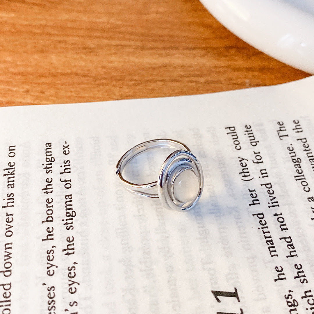 S925 Sterling Silver Natural Chalcedony Ring — Adjustable