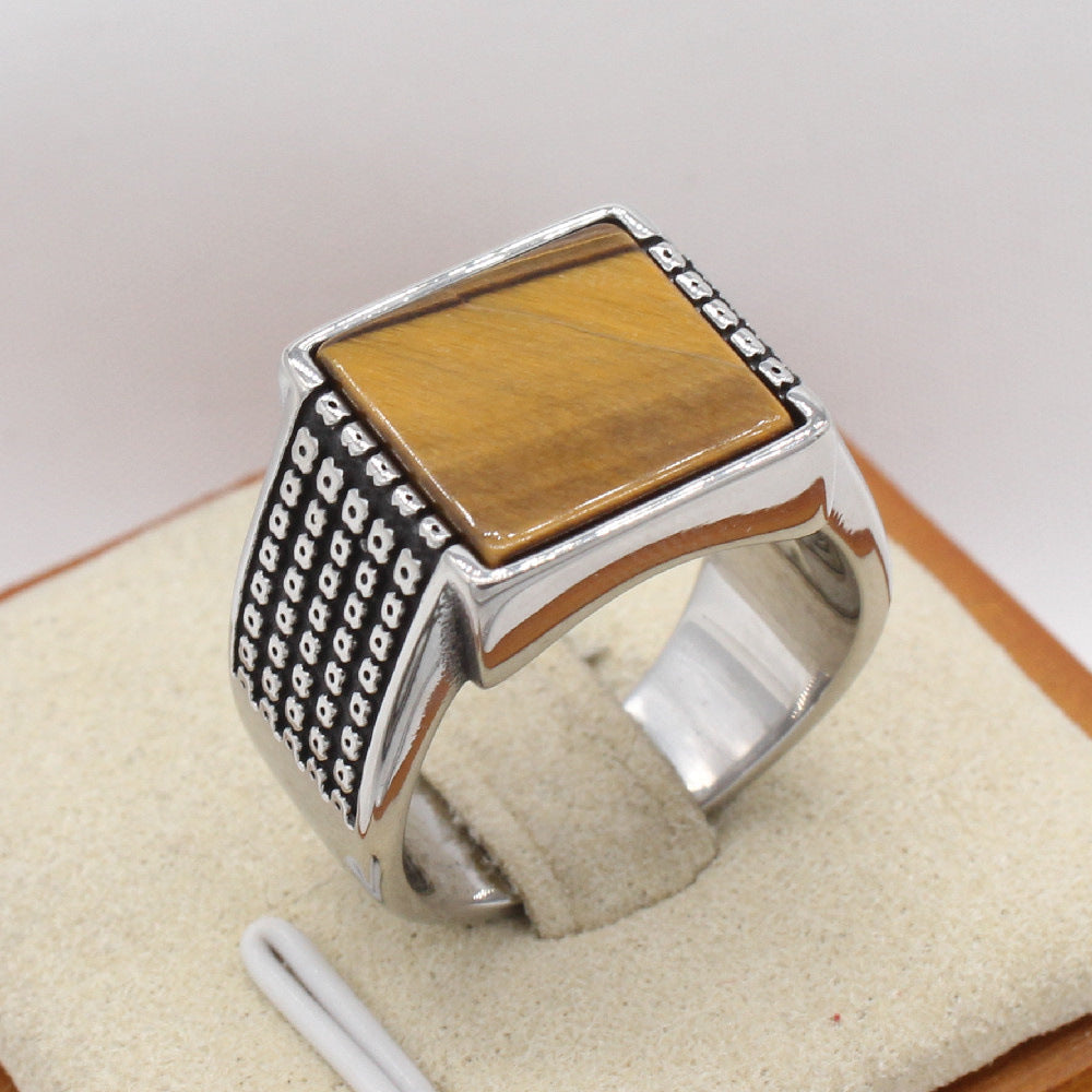Planderful Titanium Steel Ring For Men Unisex Retro Square Gemstone Protection Statement Everyday Genie Collection