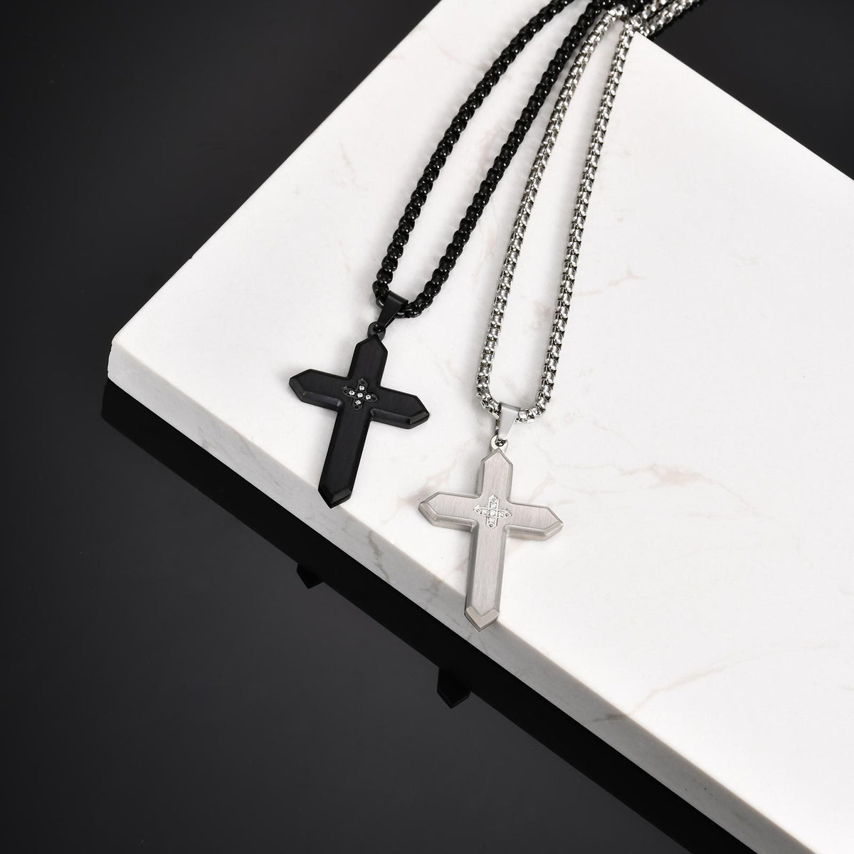 Unisex Classic Stainless Steel Inlaid Zircon Sand Surface Cross Pendant Square Pearl
