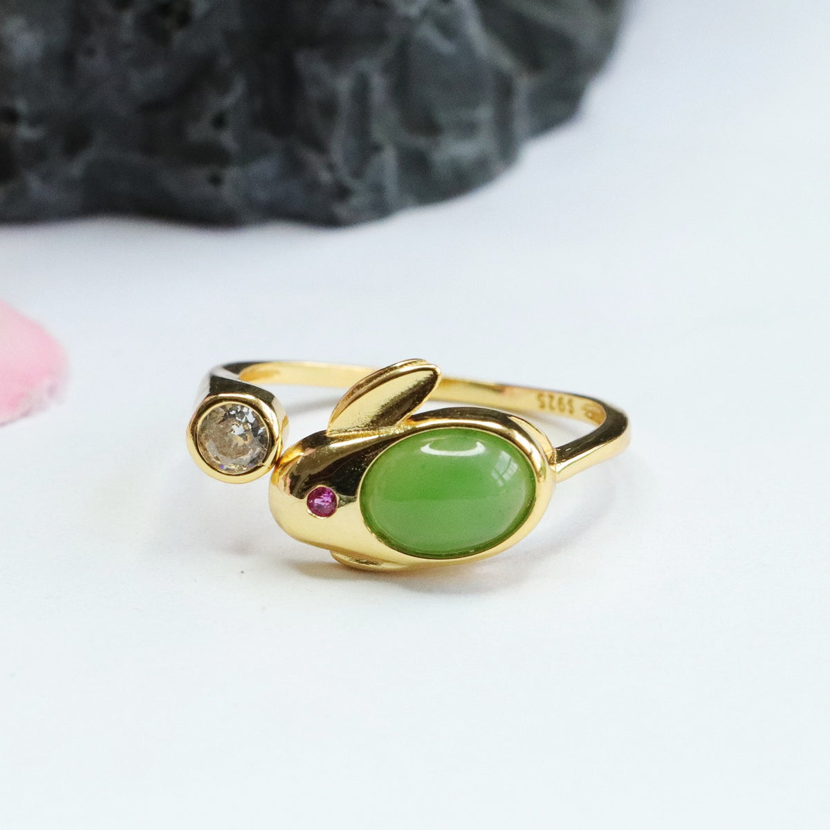 925 Sterling Silver Hetian Jasper Rabbit Ring