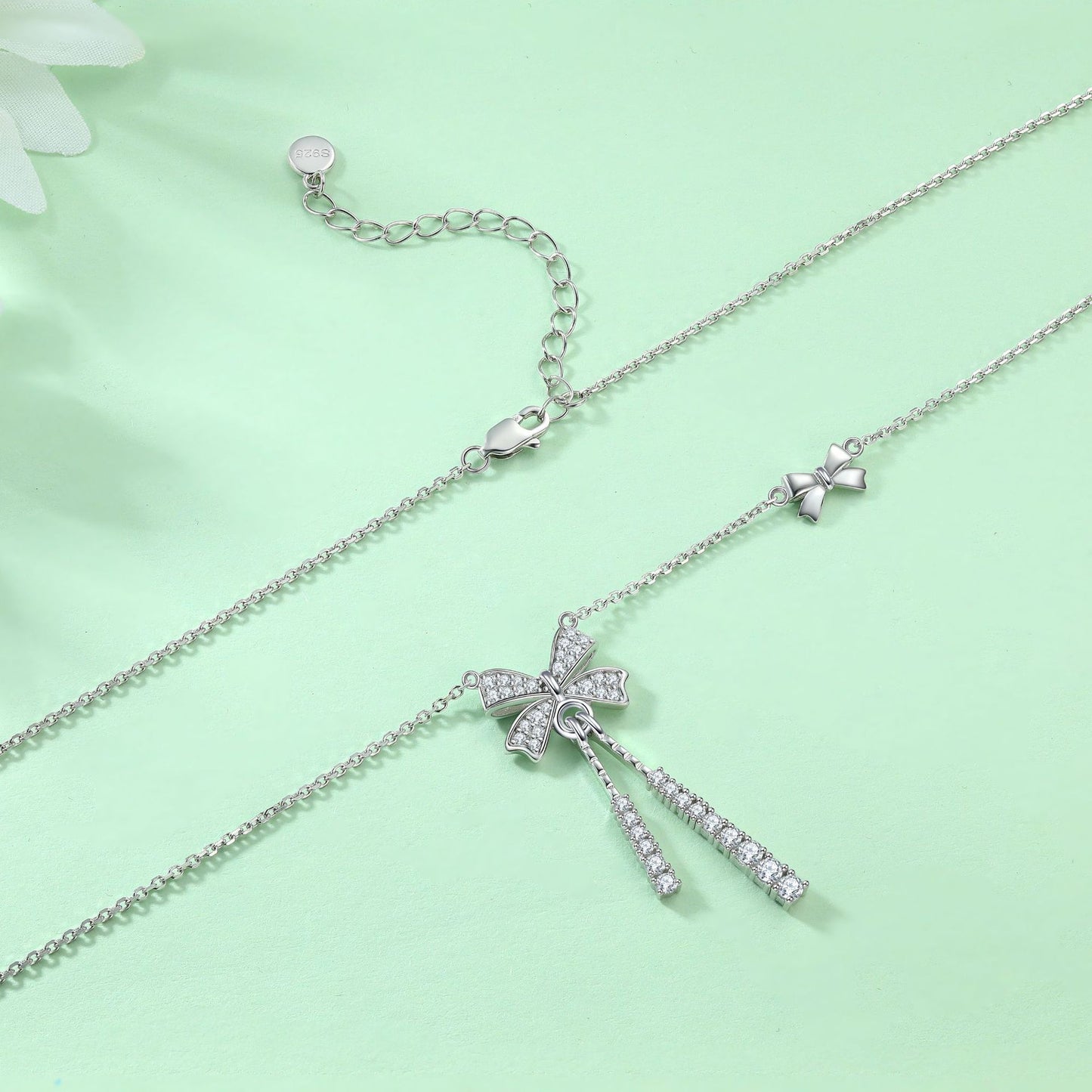 925 Sterling Silver Smart Fringed Bow Necklace High Version