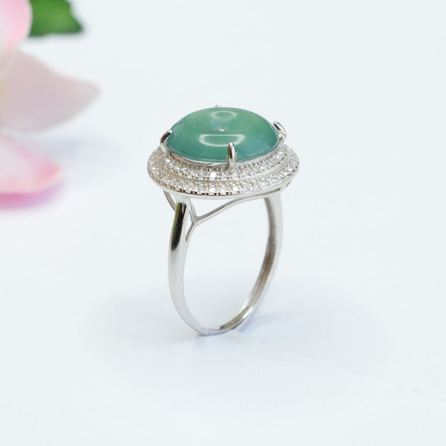 Sterling Silver Jade Ring with Zircon Halo Detail