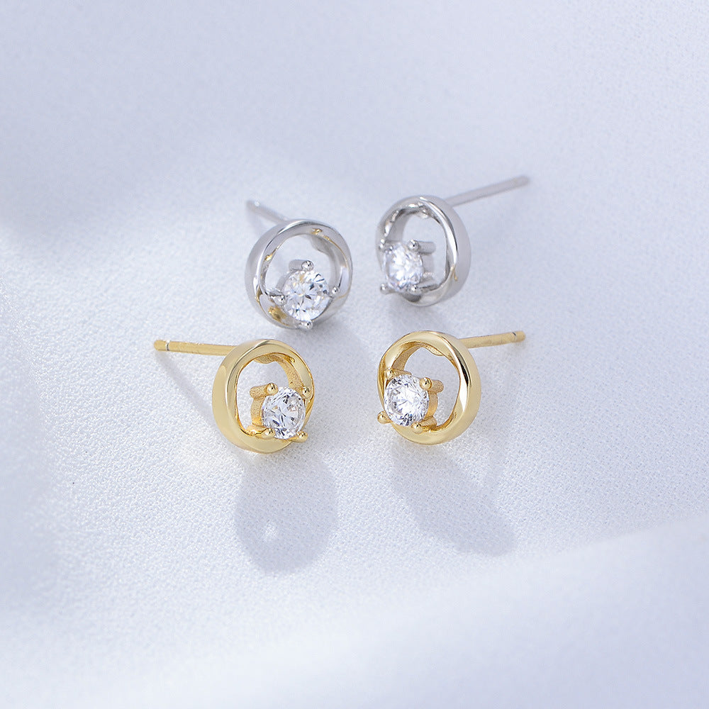 S925 Sterling Silver Geometric Round Hollow Zircon Earrings Femininity High-End Stud Earrings