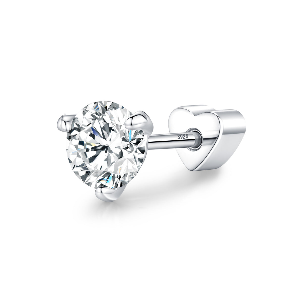 925 Sterling Silver Shining Heart Moissanite Threaded Stud