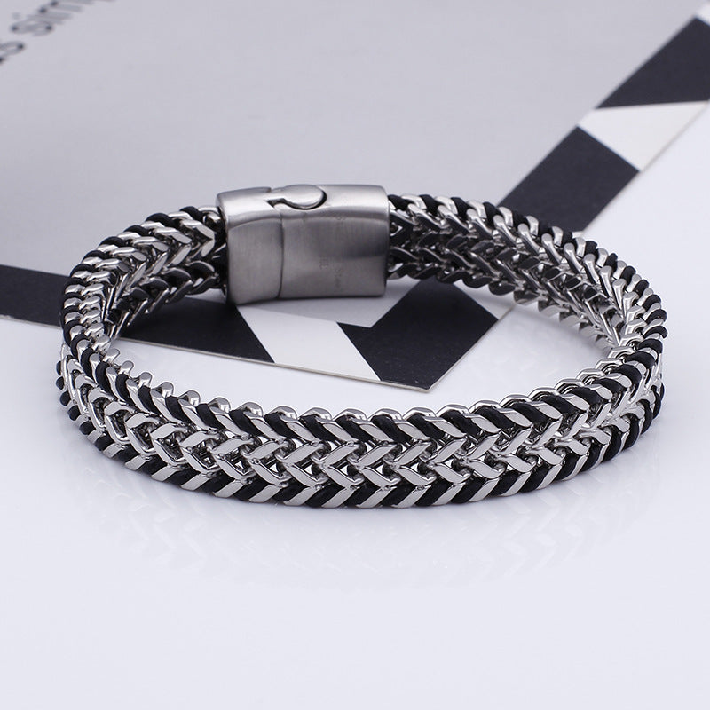 Planderful Mens Woven Leather Bracelet Magnetic Buckle