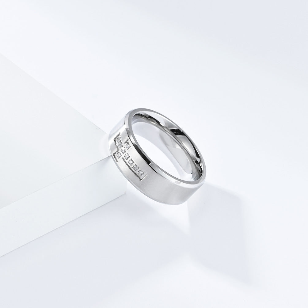 European And American Style Engraving Inlaid Zircon Cross Ring