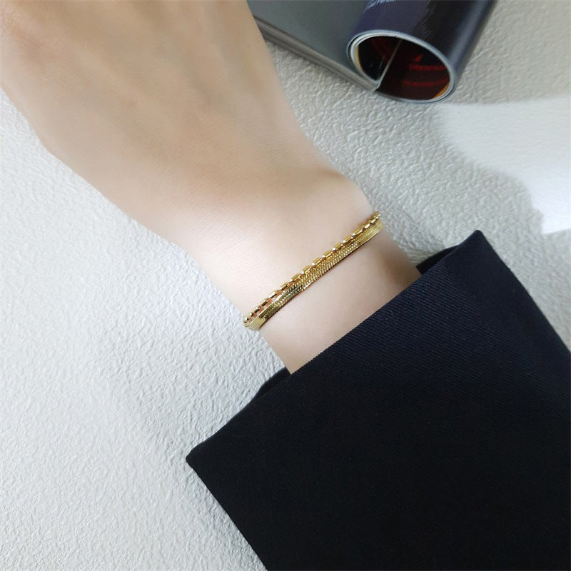 Ins Wind Double Layer Flat Snake Bead Bracelet Stainless Steel Bamboo Chain Double Chain Golden Lady Titanium Steel Bracelet