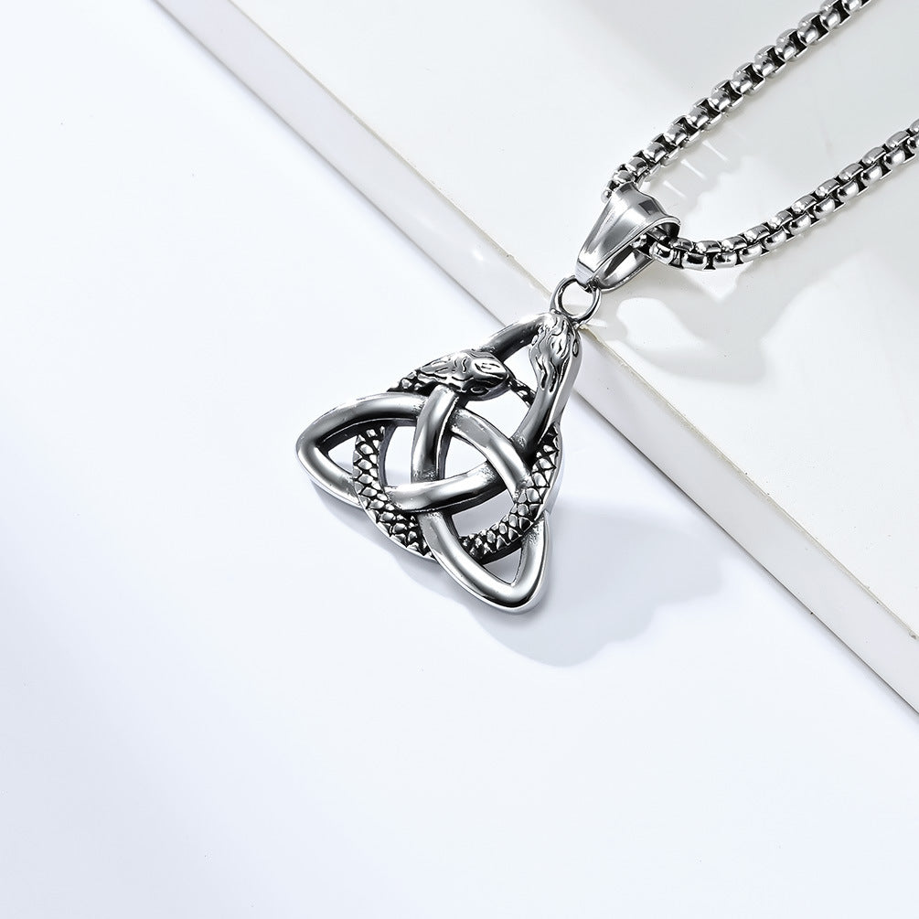 Planderful Viking Double Headed Snake Triangle Knot Necklace For Men Durable Titanium Steel Eternal Knot Pendant