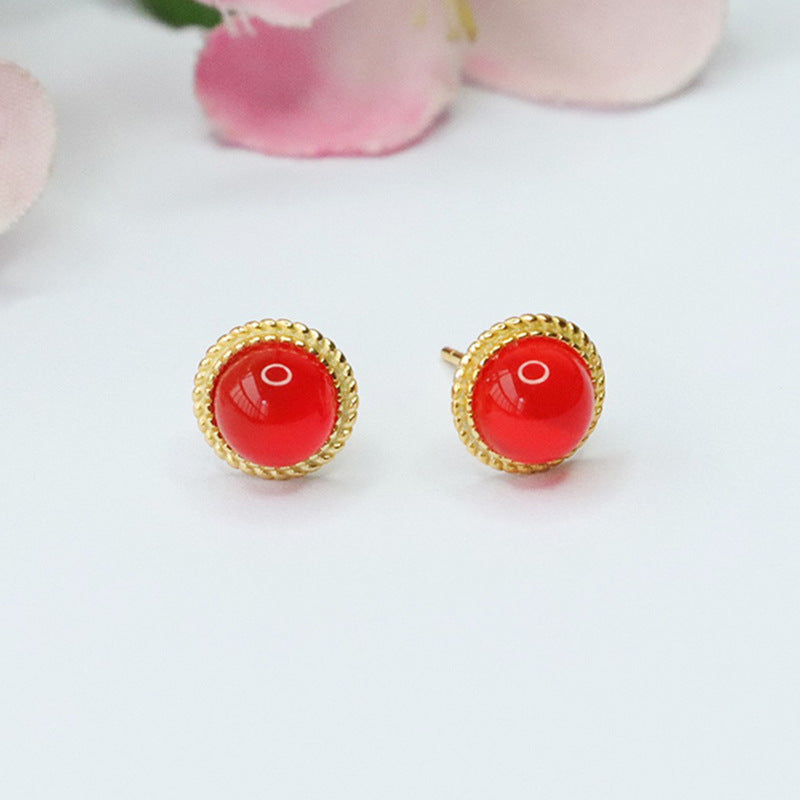 Elegant S925 Silver Stud Earrings with Natural Green and Red Agate