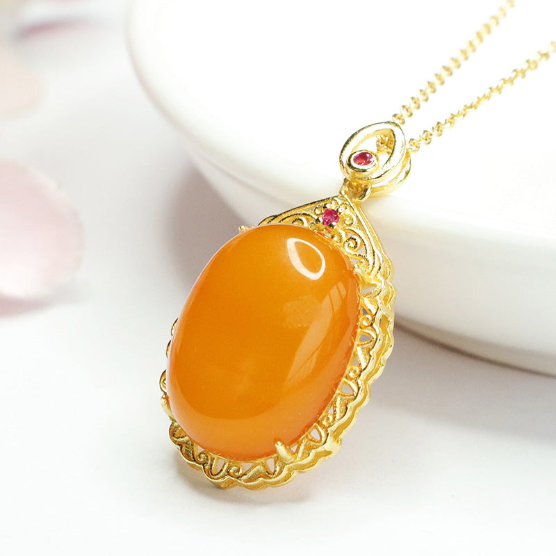 Sterling Silver Oval Honey Wax Amber Pendant Necklace