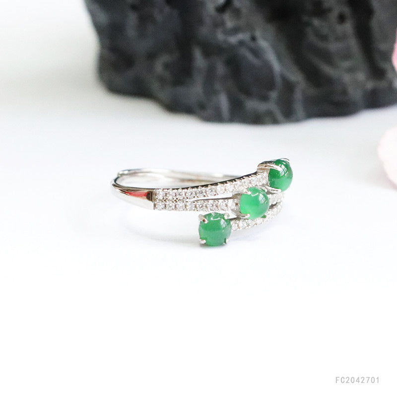 Icy Green Jadeite Triple-Life 925 Silver Ring