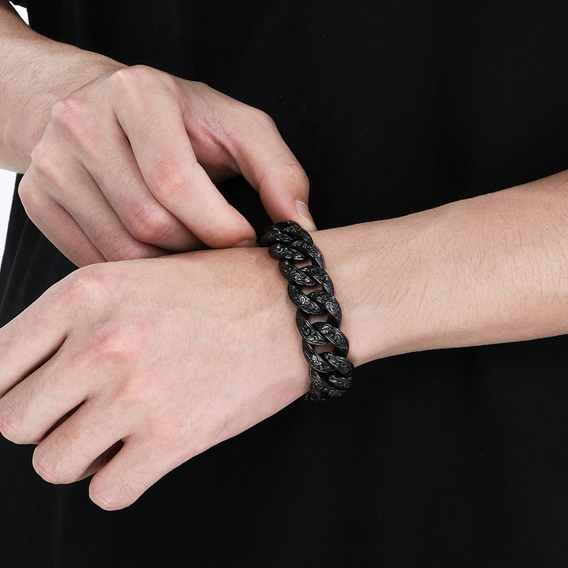 Personalized Tang Grass Pattern Stainless Steel Cuban Chain Bracelet for Men