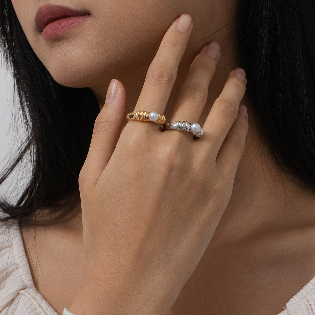 Stylish Metal Texture Pearl Inlaid Women's Ring by Planderful