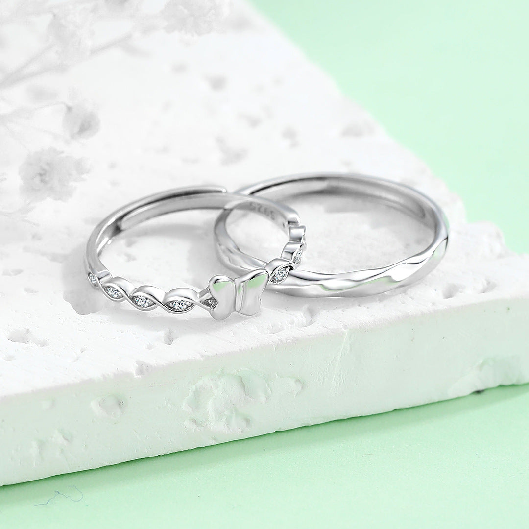 Planderful S925 Sterling Silver Butterfly Couple Ring For Girlfriend Gift Adjustable Twin Set