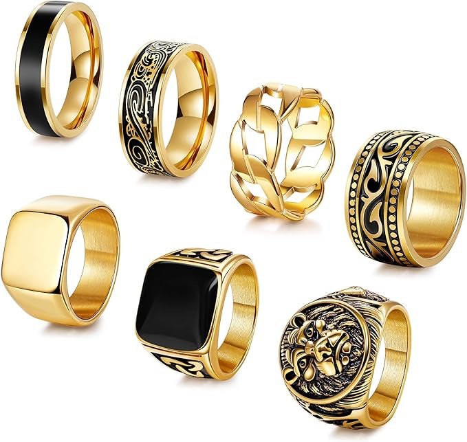 Mens Retro Engraved Lion Head Ring Set by Planderful Everyday Genie Unisex Protection Statement European American Style