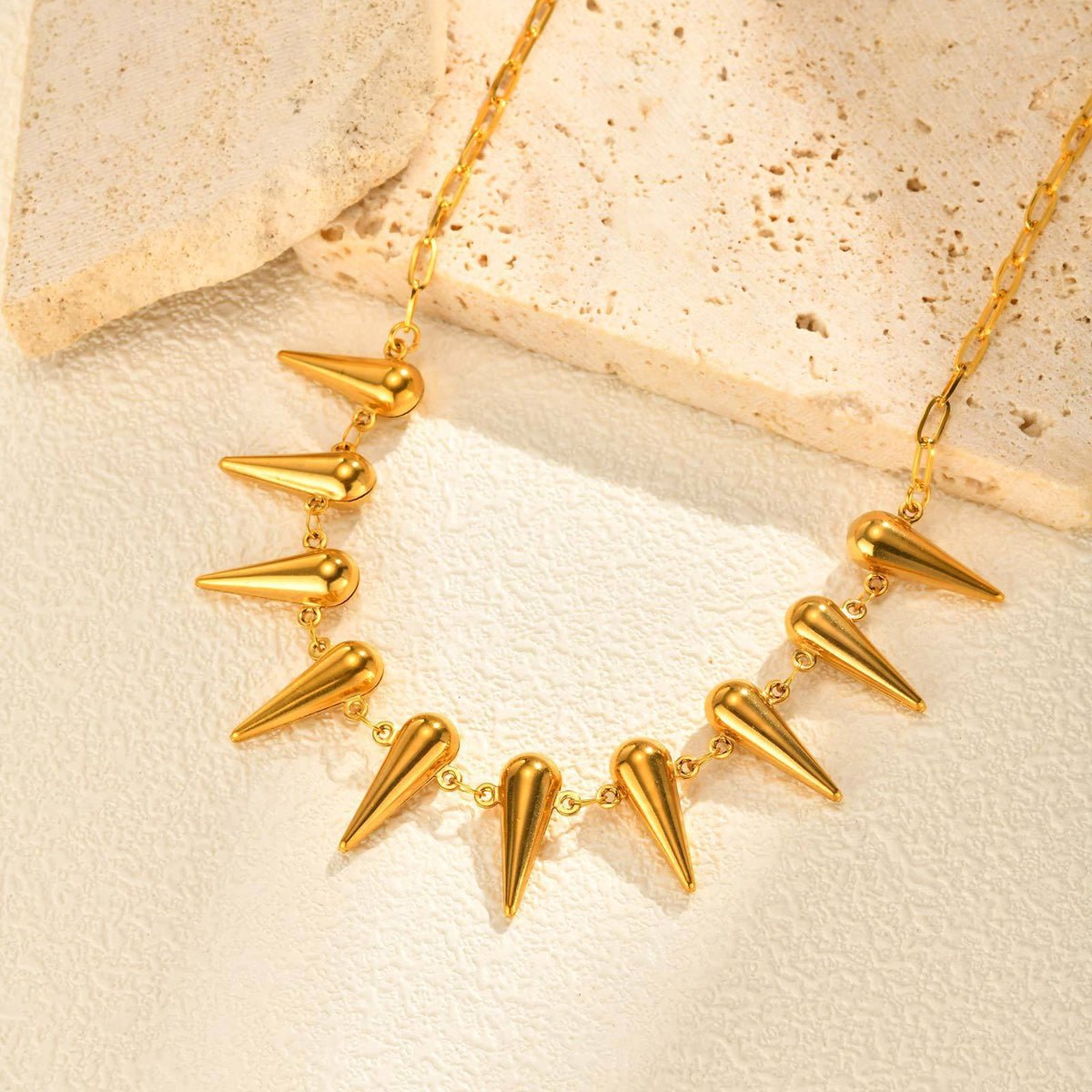 Stainless Steel Women's Hollow Water Drop Small Square Chain Cone Rivet Necklace Gold
