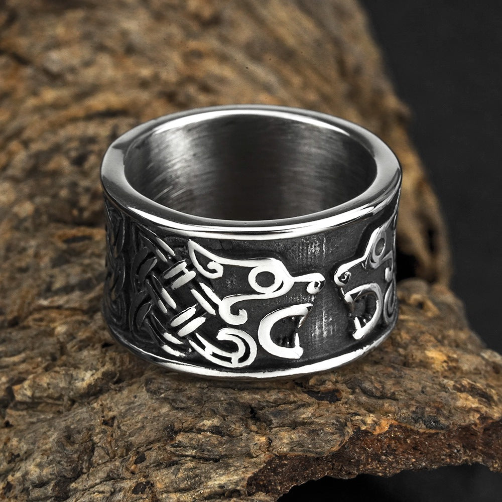 European and American Jewelry Wholesale Men's Titanium Steel Viking Double Wolf Head Ring