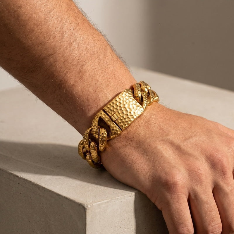 20mm Wide Hammer Pattern Cuban Chain Heavy Industry Street Texture Stainless Steel Men's Bracelet
