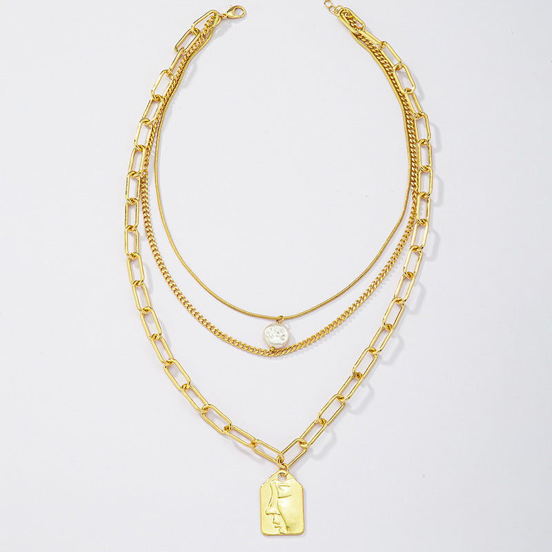 Triple Pearl Layer Necklace with Cross-Border Charm