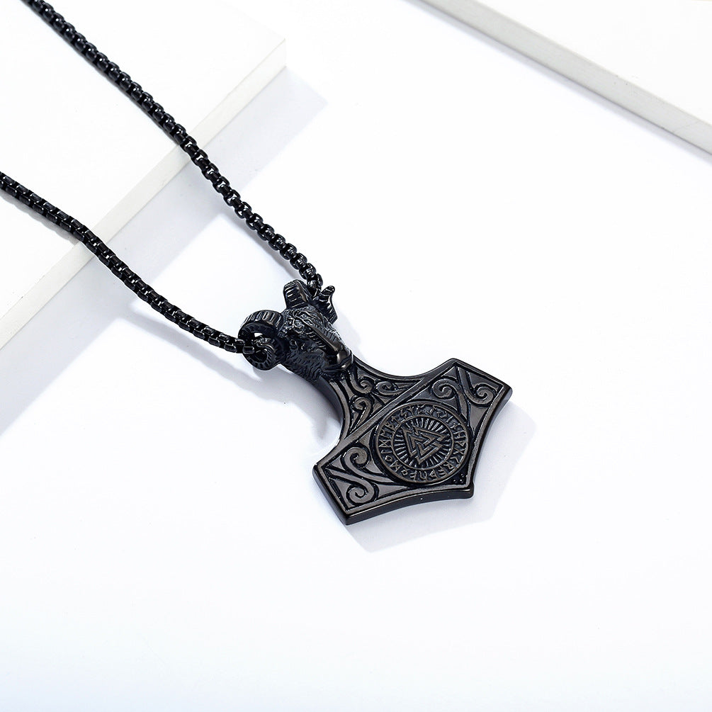 Planderful Viking Thor Hammer Necklace Titanium Steel With Ram Head And Compass Pendant For Men