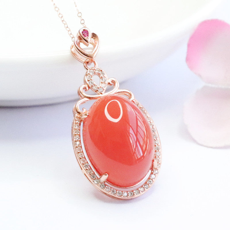 Pigeon Egg Agate Pendant Sterling Silver Necklace with Zircon Detail