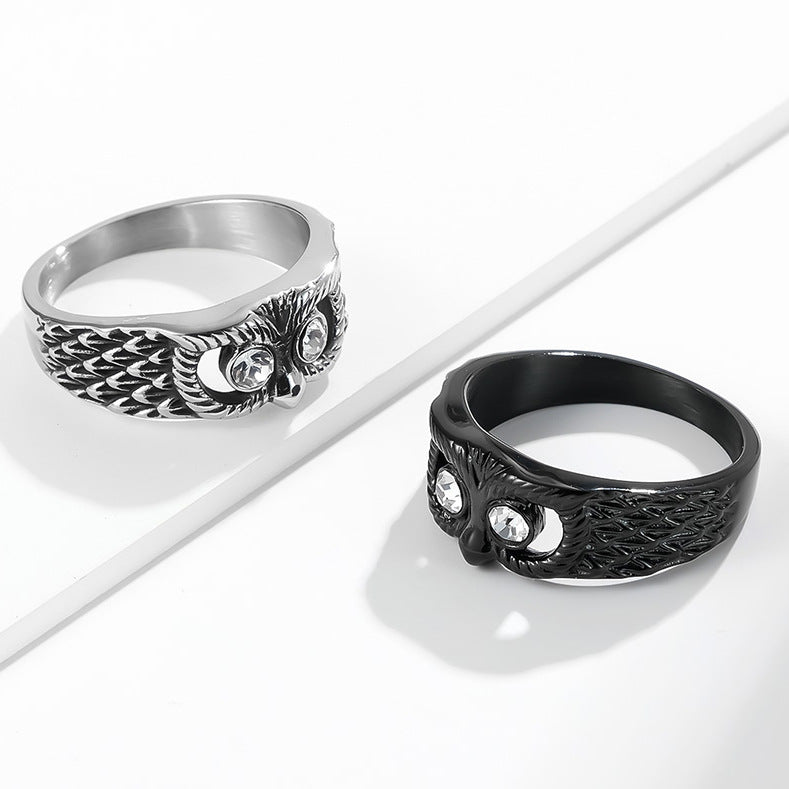 Planderful Titanium Steel Owl Zircon Ring Unisex Hip Hop Style Jewelry for Men and Women