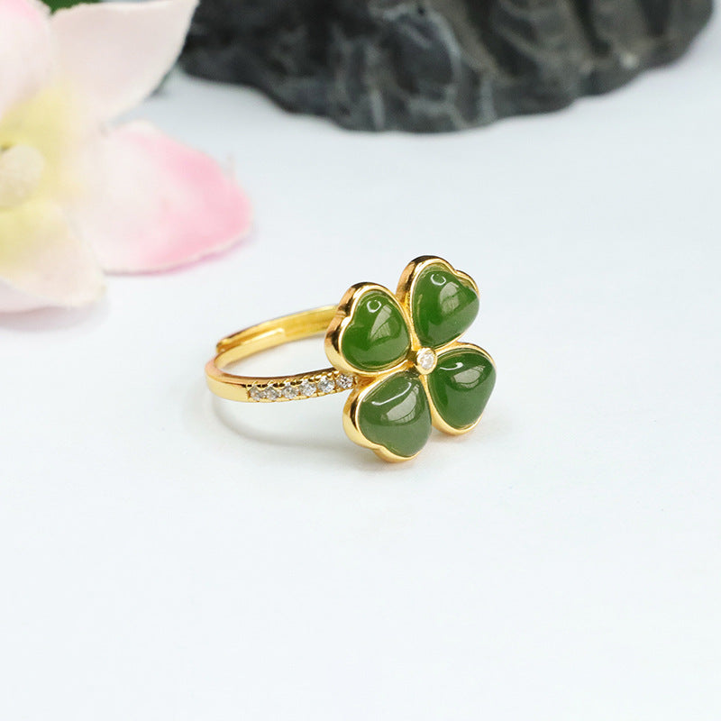 925 Sterling Silver Hetian Jasper Clover Ring