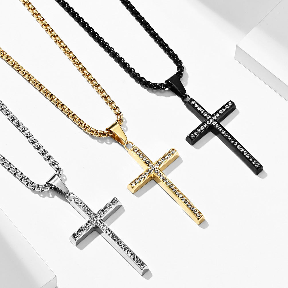 Planderful Zircon Cross Necklace Titanium Steel Beveled Pendant For Hip Hop Fans