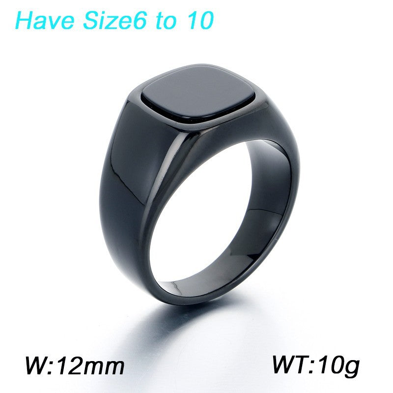 Cold Smooth Stainless Steel Ring, Square Black Stone Titanium Steel Men's