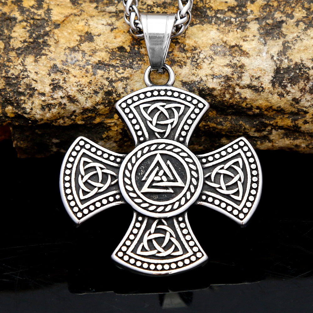 European And American New Titanium Steel Celtic Viking Rune Logo Cross Pendant Men's Hip-Hop Necklace Jewelry Wholesale