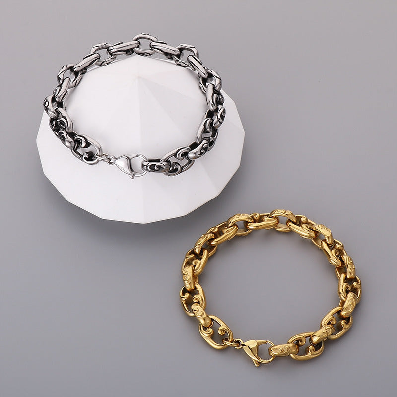 Elegant 18k Gold Floral O-Chain Bracelet for Men - Japanese and Korean Retro Design in Stainless Steel