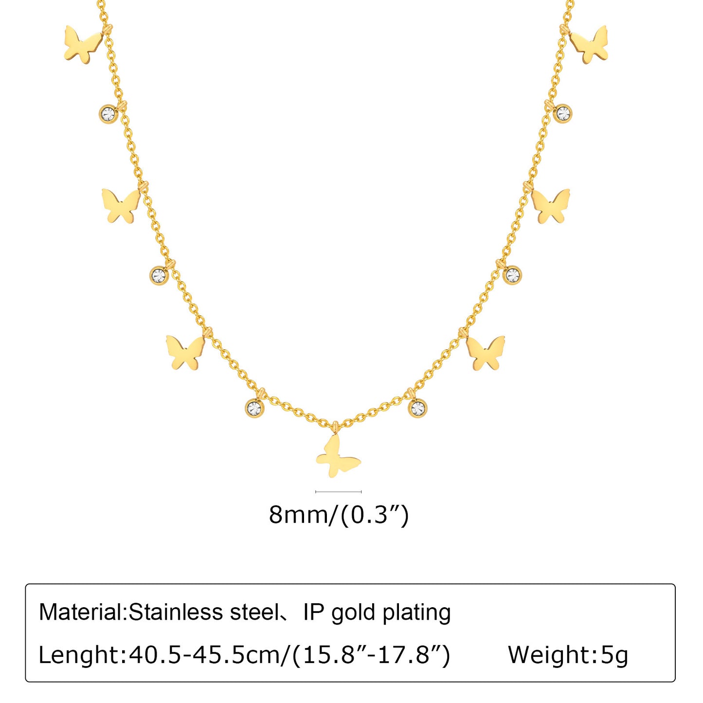 Stainless Steel Bead Chain Butterfly Star Zircon Necklace 18K Gold Wholesale