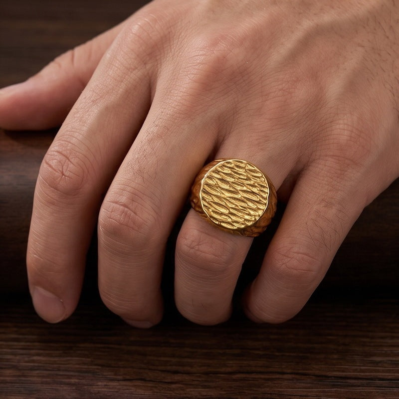 Retro Boys Hammer Pattern Round Ring Face Trendy Men Ring Meteorite Pattern Stainless
