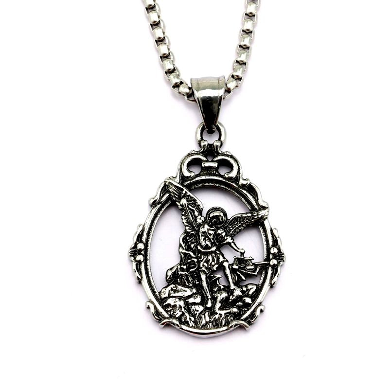 Planderful Shop Vintage Stainless Steel Angel Necklace With Order Of St Michael Pendant For Men And Women