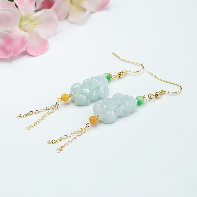 Natural Myanmar Jade Pixiu Earrings with Sterling Silver Earhooks
