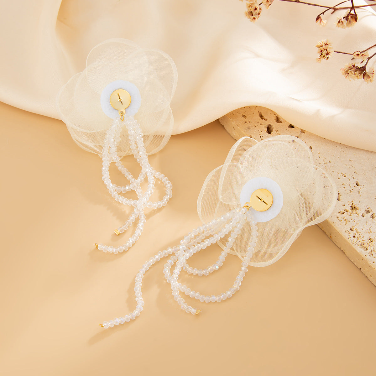 Planderful Vienna Verve Three Dimensional Rose Pearl Earrings For Women Fringed Beaded Fabric Jewelry