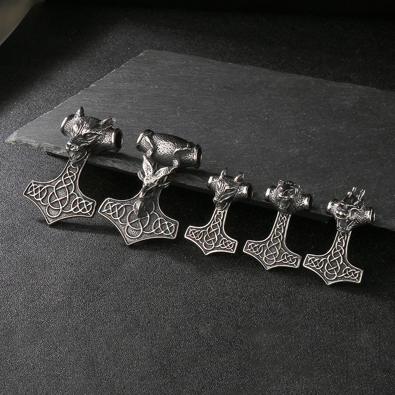 Retro Animal Pendant, Nordic Viking Wolf Head, Lion Head, Goat, Thor'S Hammer, Titanium Necklace