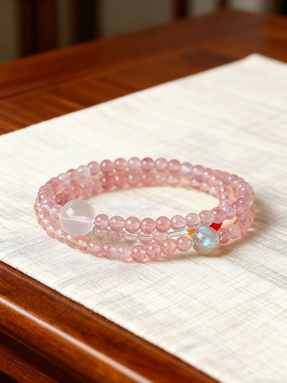Strawberry Quartz Agate Moonstone Triple-Wrap Bracelet