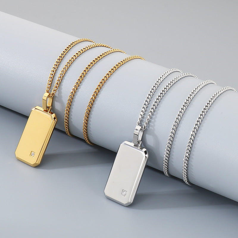 Minimalist Geometric Square Men's Zircon Necklace, Niche Stainless Steel Military Pendant