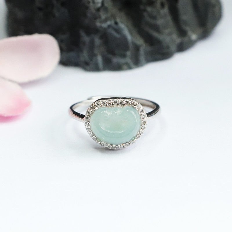 Sterling Silver Adjustable Ice Blue Green Jade Ruyi Ring with Zircon Halo