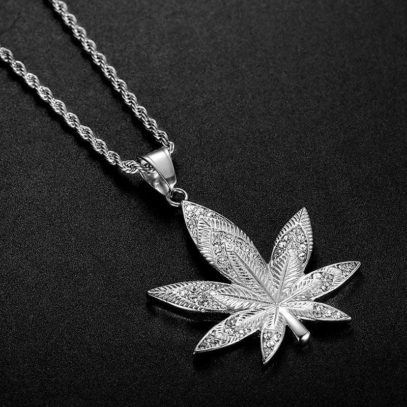 Hip Hop Jewelry Titanium Gold Plated Zircon Maple Leaf Pendant Necklace By Planderful For Urban Fashion Fans