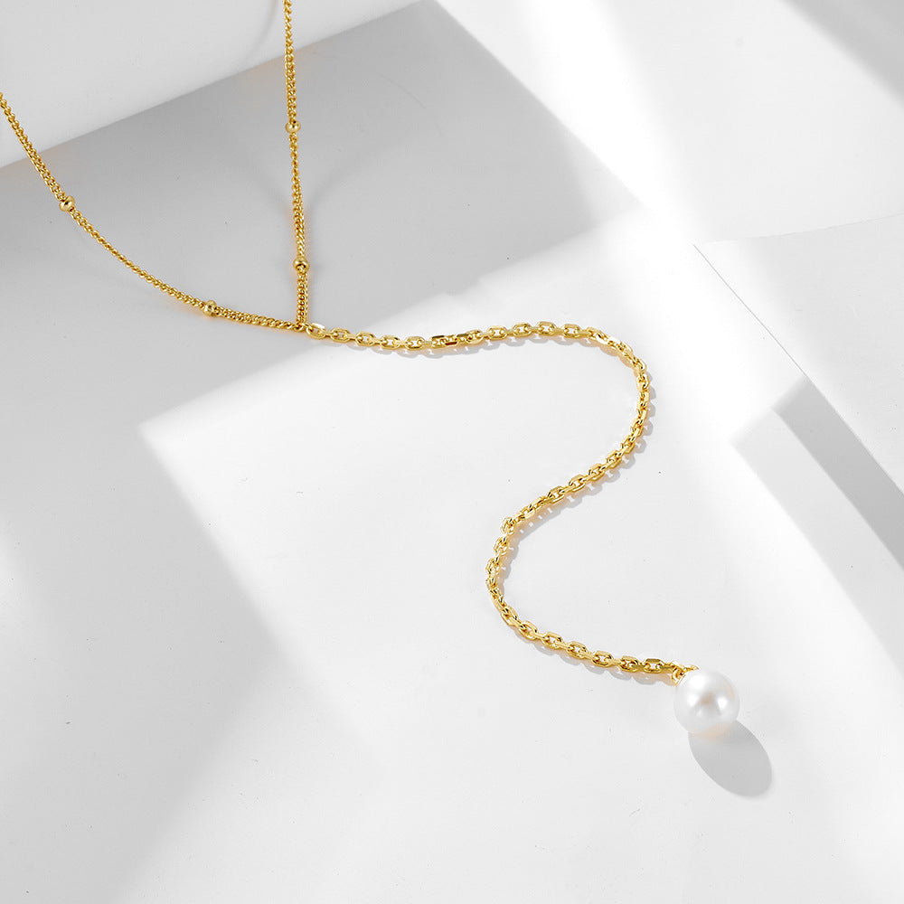 S925 Sterling Silver Y-Shaped Natural Cultured Pearl Collarbone Necklace Long Fringed Chain Sweater