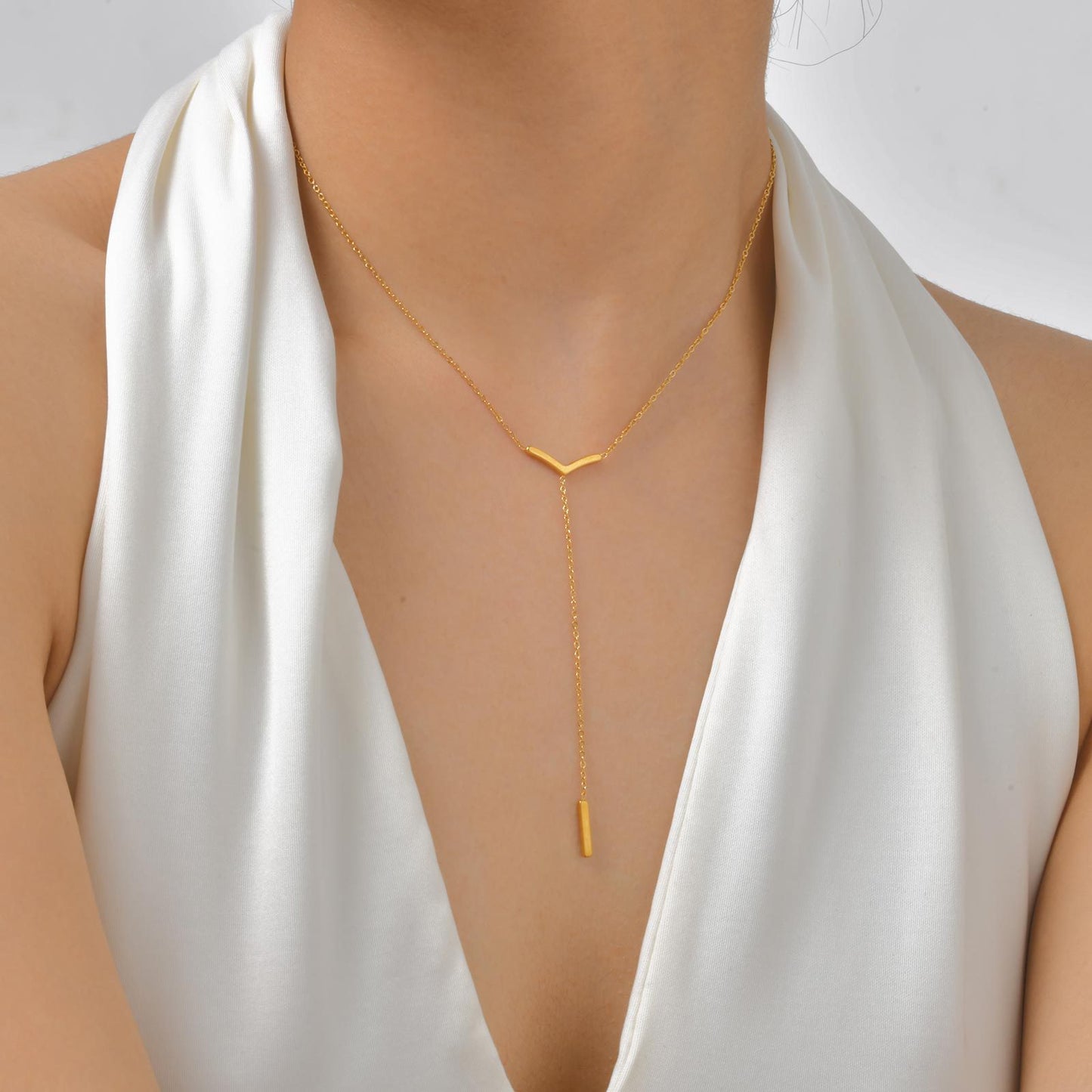 Stainless Steel Flat Cross Chain Y-Shaped Gold-Plated Necklace Women