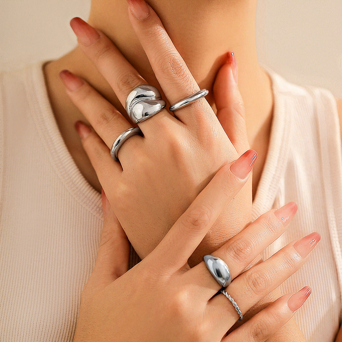 European and American Fusion Jewelry Collection, Unique Style, Chic Design, Curved Geometric Rings, Interlocking Bands, Bold Statement Ring Set