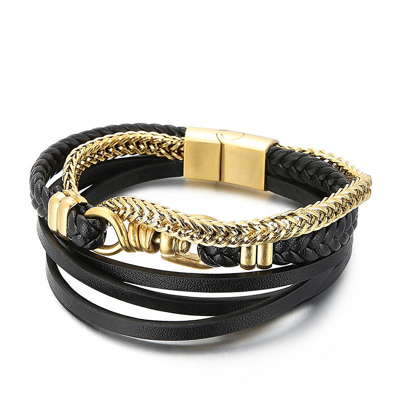 Planderful Men Leather Chain Bracelet Multi Layer Punk