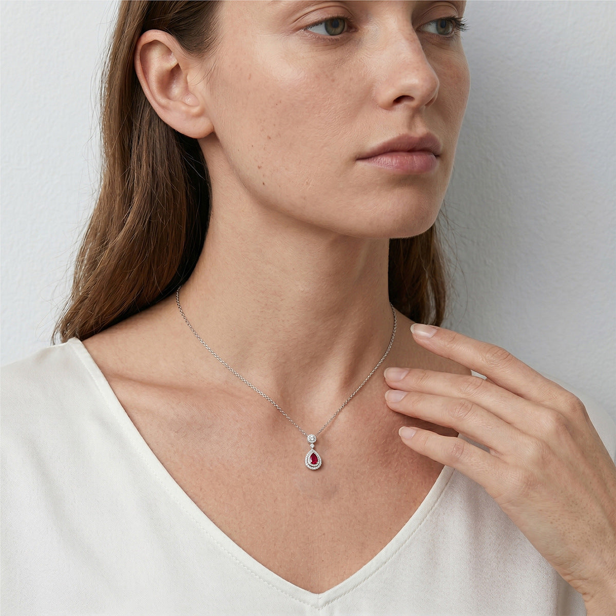 S925 Sterling Silver Lab-Grown Ruby Teardrop Pendant Necklace